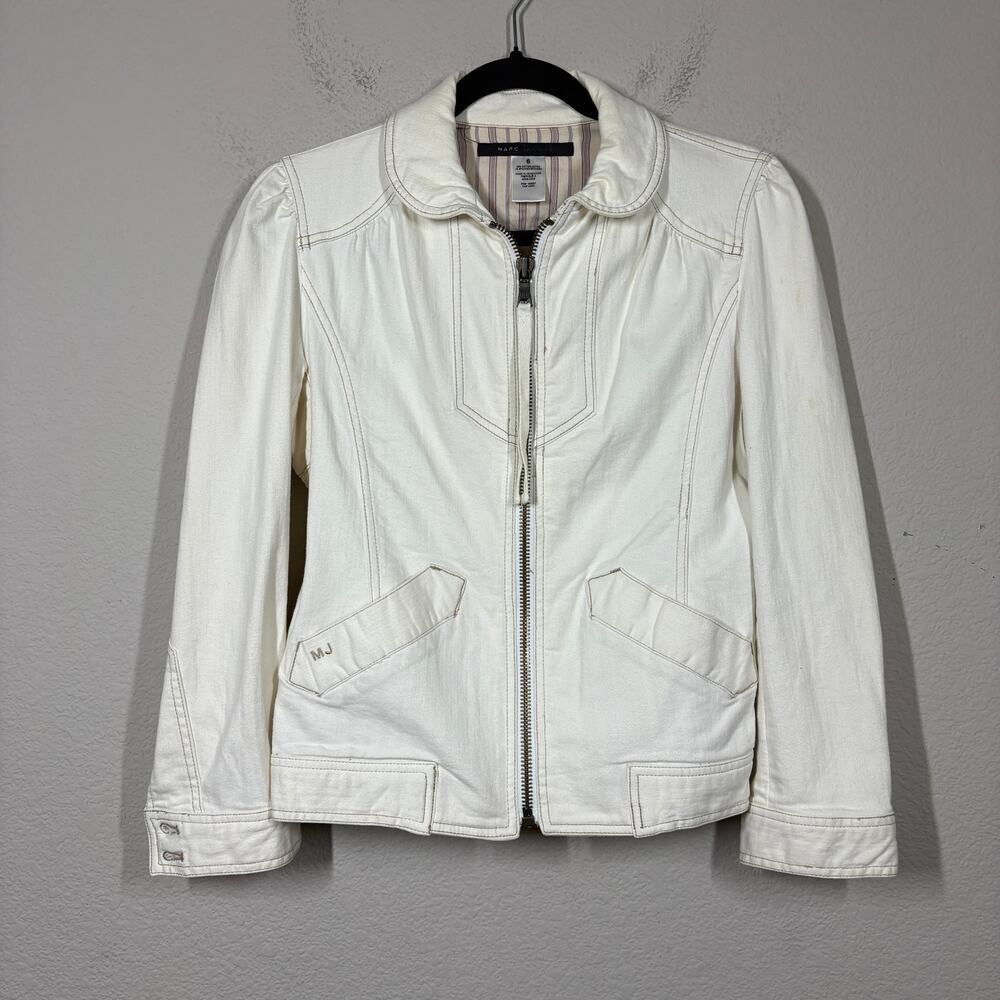 Marc Jacobs Womens Size 6 Full Zip Denim Jacket Cream Cotton Embroidered Logo